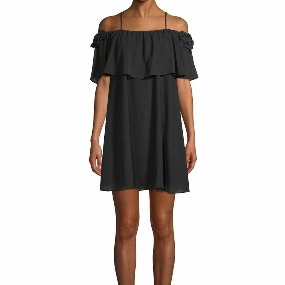 Belle by Badgley Mischka women's 0 embellished off shoulder overlay "SURI" dress